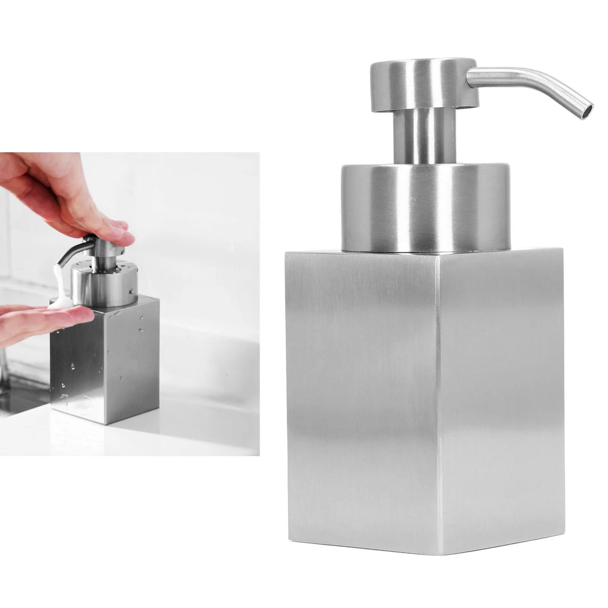 distributeur savon liquide argenté acier inoxydable finition brossée moderne minimaliste salle bains cuisine