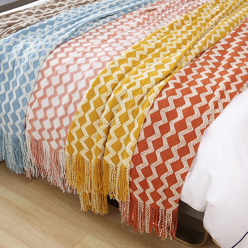 couverture moderne acrylique motif géométrique orange blanc anti boulochage voyage pique nique maison qualité