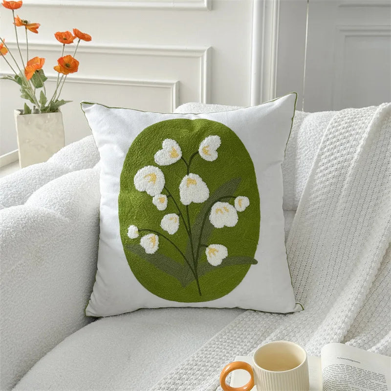 coussin carré 45x45 cm brodé feuille verte moderne décoration printanière