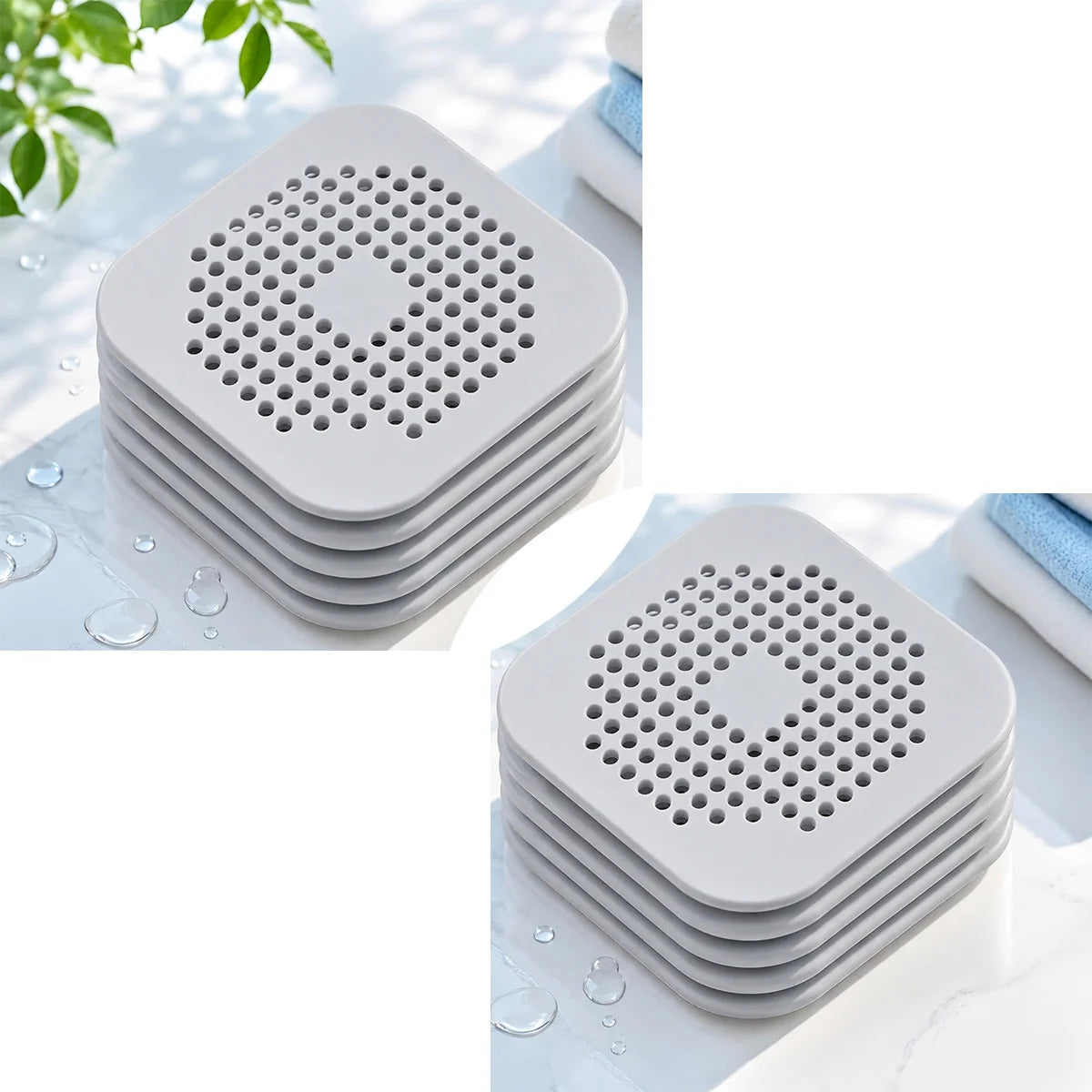 filtre bain réutilisable perforations géométriques adhésif blanc gris moderne respectueux environnement