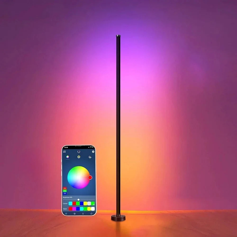 lampe sol led noir multicolore synchronisation musique télécommande application controle moderne minimaliste