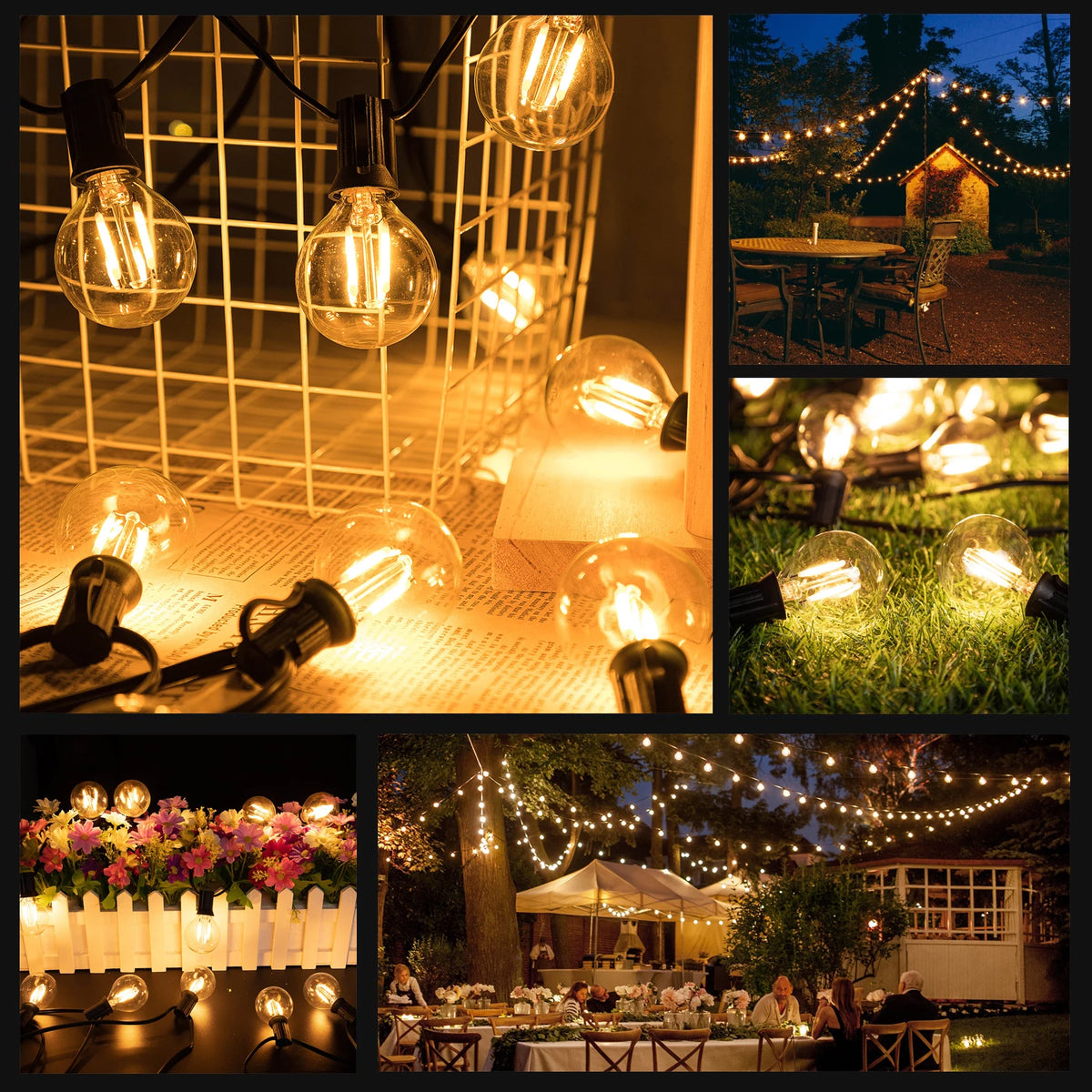 guirlande lumineuse vintage boules verre transparentes ampoules led dorées clips noirs 7.6m 20m