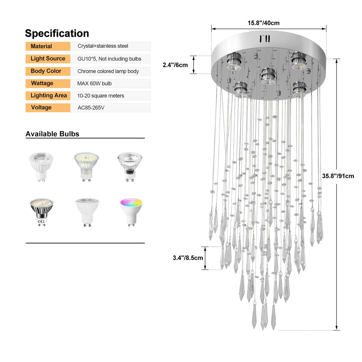 lustre suspendu moderne cristal argenté gouttes transparentes intérieur luxe