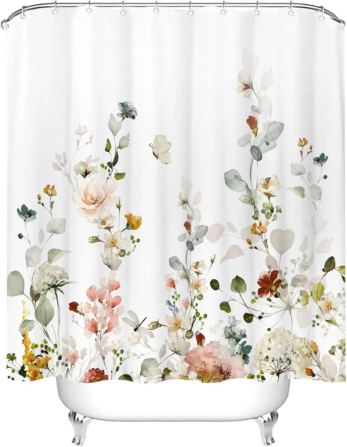 rideau douche floral aquarelle tons roses orange vert bleu blanc texture légèrement visible champêtre