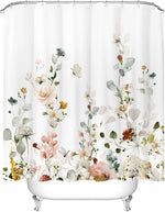 rideau douche floral aquarelle tons roses orange vert bleu blanc texture légèrement visible champêtre