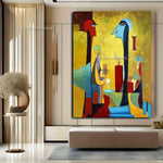 peinture l'huile abstraite contemporaine cubiste géométrique vibrante rouge bleu verte maisonDecorationMurrale