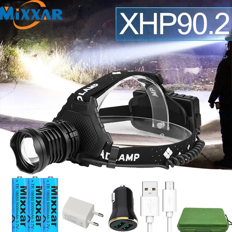 lampe frontale led rechargeable usb 8000lm zoom étanche camping pêche nuit ceinture ajustable noire