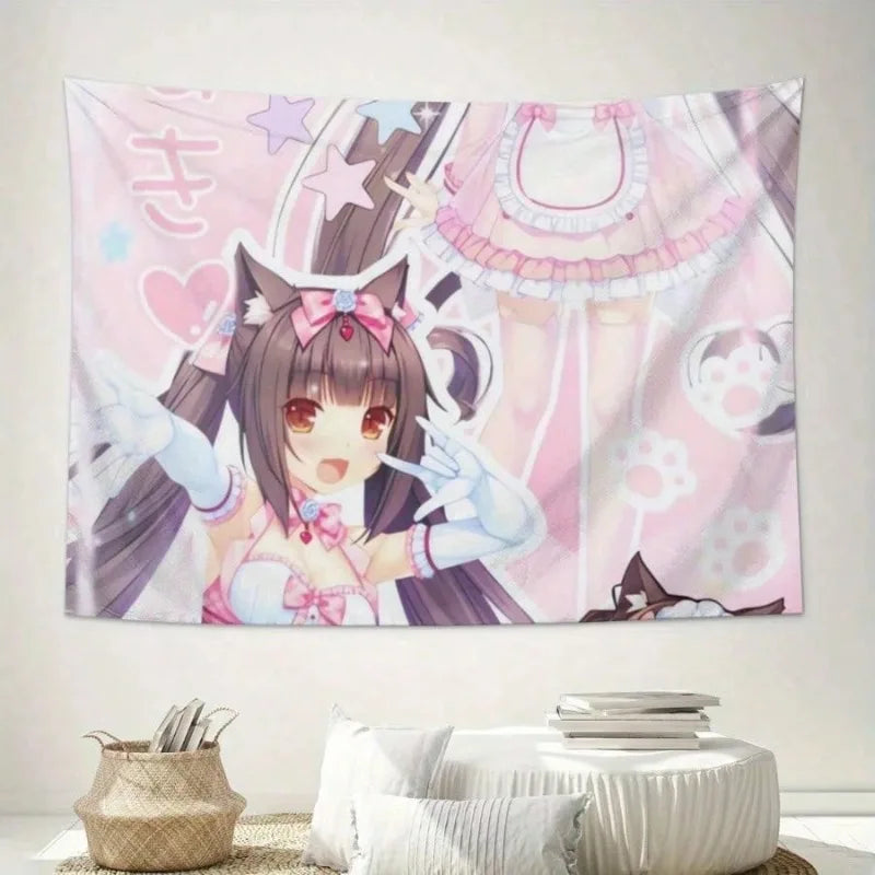 tapisserie anime fille oreilles chat rose coeurs étoiles motifs chaussettes doux mignon illustration chambre