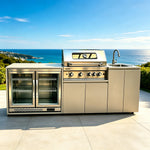 cuisine exterieure inoxydable blanc moderne evier grille cuisson portes vitrees respectueux environnement fonctionnelle