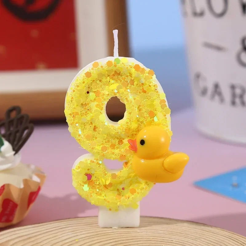 bougies chiffres canard jaune paillettes dorées anniversaire décoration enfantino festive opaques