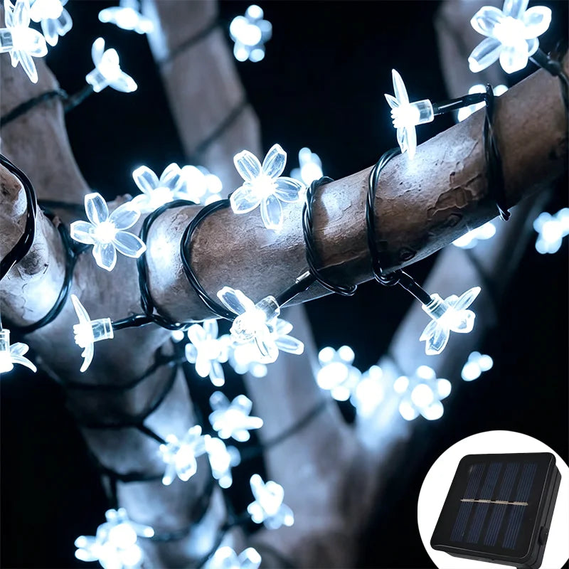 guirlande lumineuse solaire bleu clair fleurs stylisées moderne extérieure décoration fêtes led autonomes