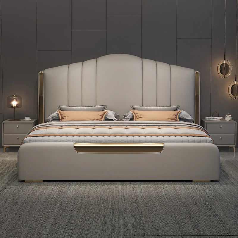 lit double moderne tête lit rembourrée matelas coussins tapis tabourets