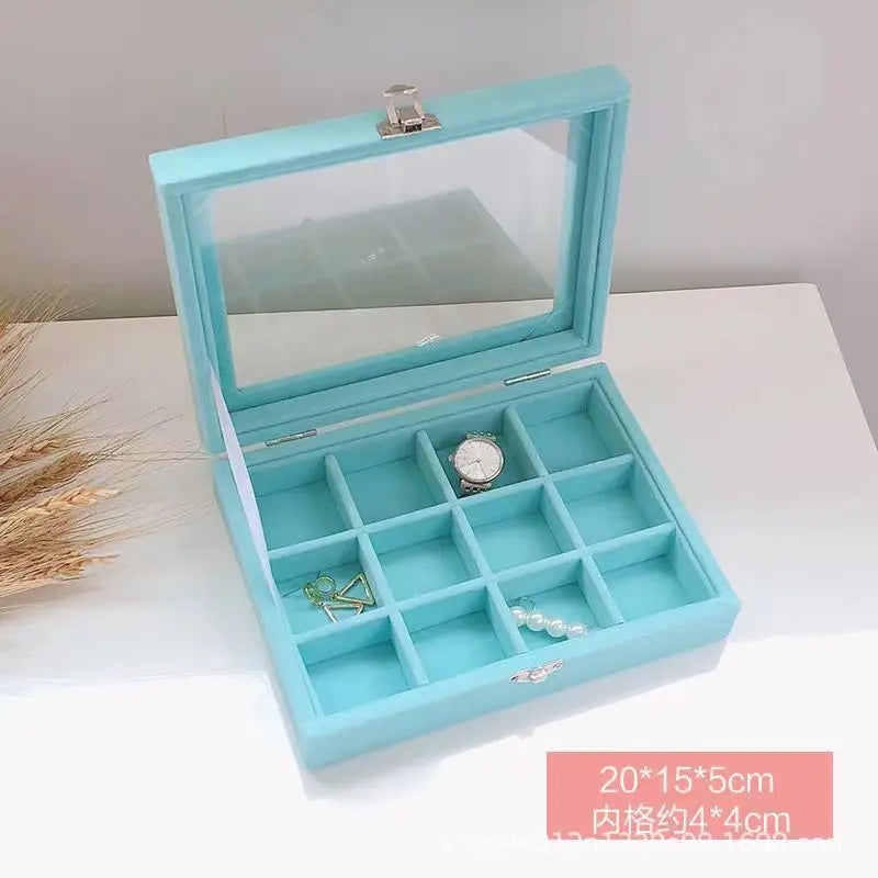 boîte bijoux velours moderne gris bleu noir rose verre transparent compartiments multiples boucles d'oreilles