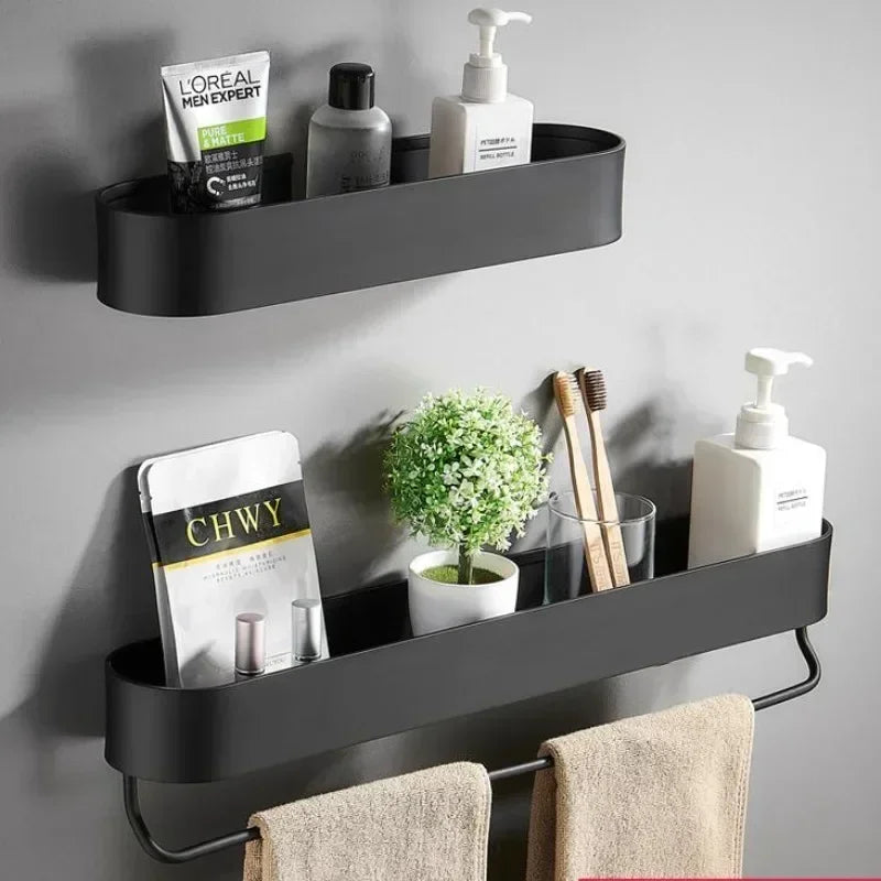 étagère murale moderne noire 30 40 50 cm porte serviettes bouteilles savon plante artificielle