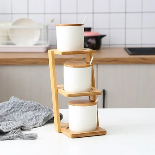pot épices porcelaine blanc couvercle bambou moderne respectueux environnement cuillères plastique blanc herbes épicées(stockage)