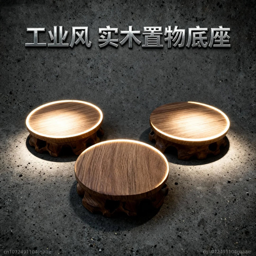 support circulaire bois texture naturelle vintage marron clair sculpté décoration maison présentoir artisanal industrial