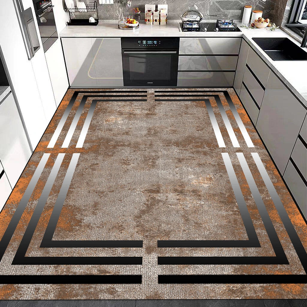 Le sol de cette cuisine moderne présente une surface texturée avec des lignes noires géométriques qui créent un motif élégant et épuré.