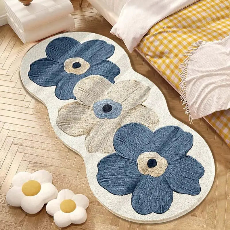 tapis fleurs stylisées moderne imperméable résistant couleur bleue blanche chambre maison voyage porte intérieur