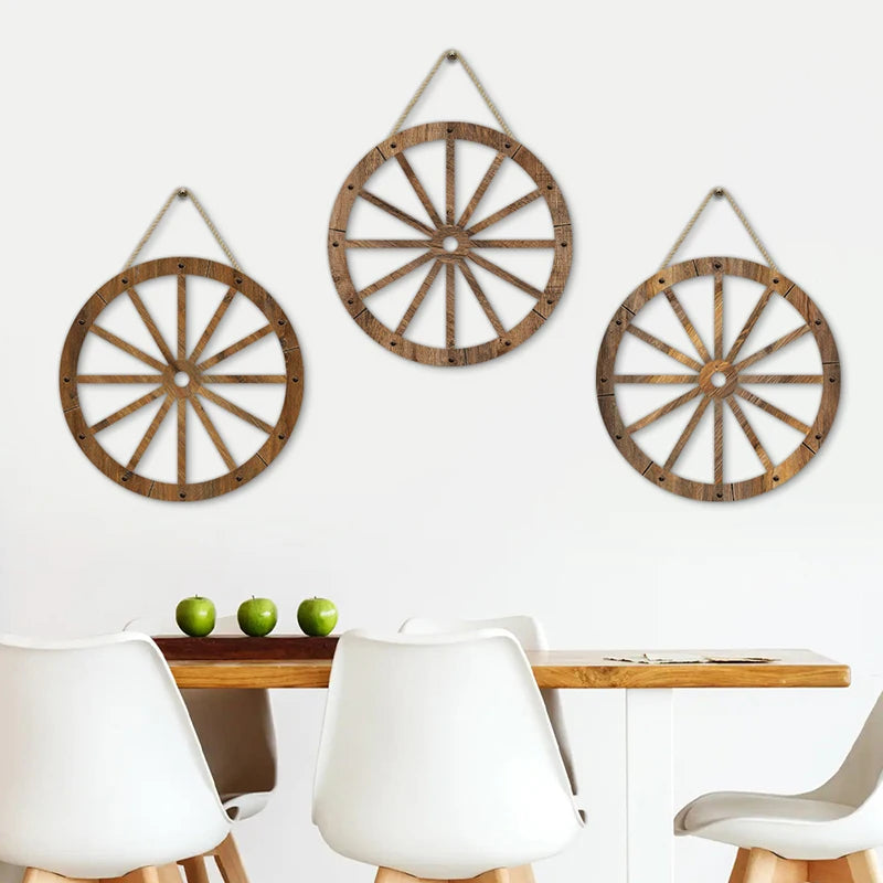 roues chariot bois vieilli décorations murales rustiques suspension cordes jute vintage champêtre