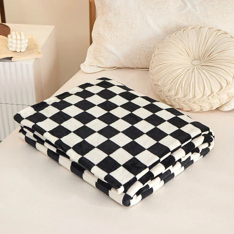couverture acrylique noire blanche carreaux hiver portable voyage moderne