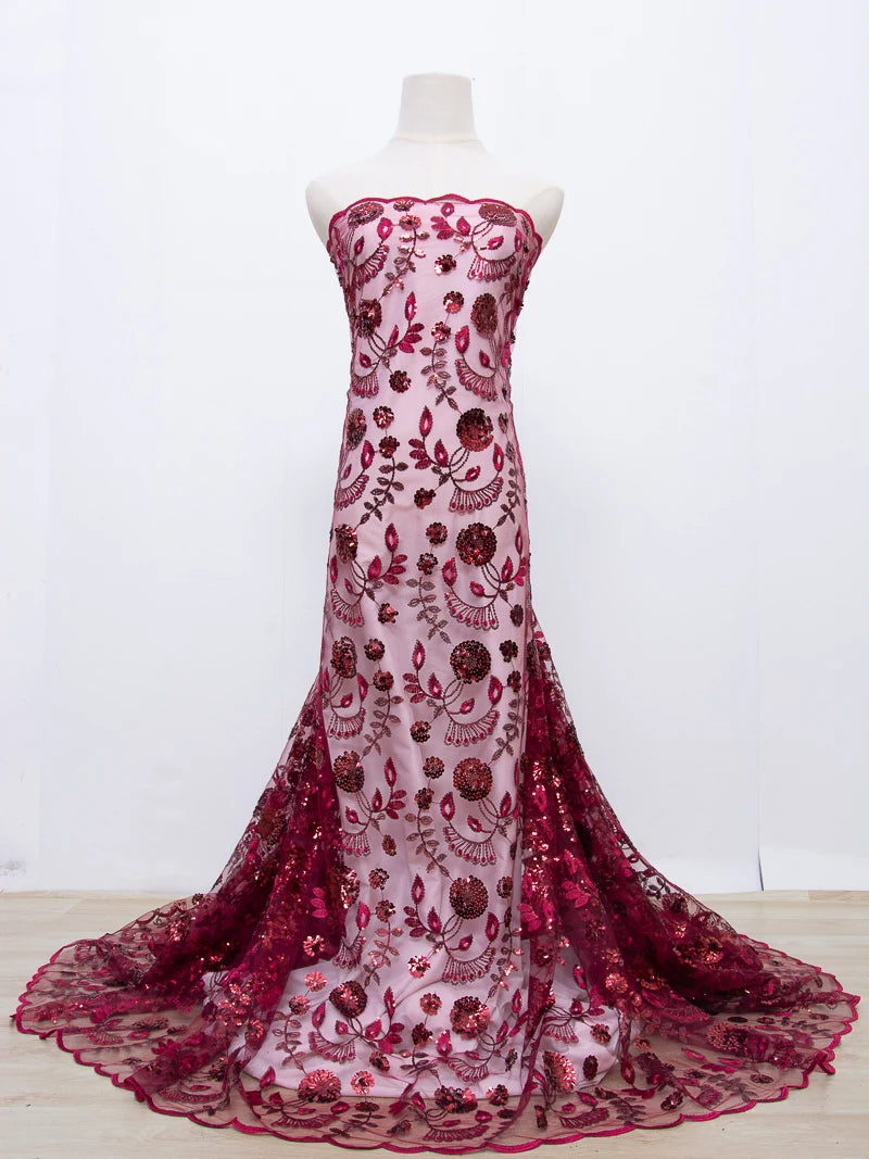tissu brodé sequins dentelle polyester coton mariage robe cérémonie élégante floral violet rouge