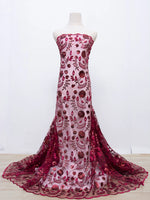 tissu brodé sequins dentelle polyester coton mariage robe cérémonie élégante floral violet rouge