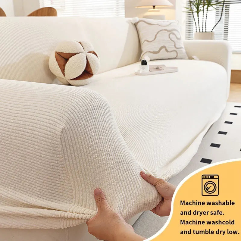 housse canapé polyestère rayures horizontales beige gris moderne antidérapante 100% polyestère