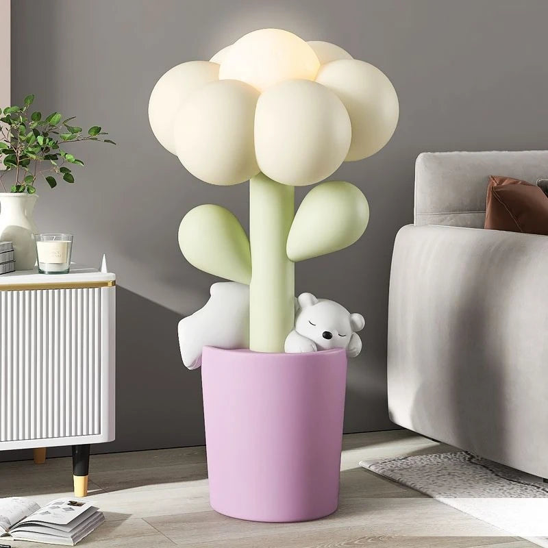 lampe pied fleur ours peluche rose verte blanche moderne enfant 85cm haute living room
