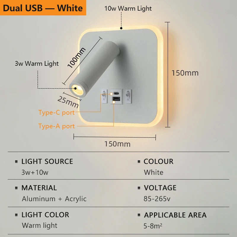 lampe murale led orientable prise usb moderne chambre cuisine entree