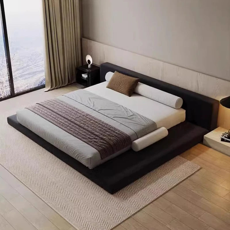 lit moderne noir 182x212cm oreiller coussin drap chambre minimaliste matériaux bois