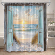 rideau douche plage océan bleu sable herbes hautes soleil couchant texture boisée rustic decoratif