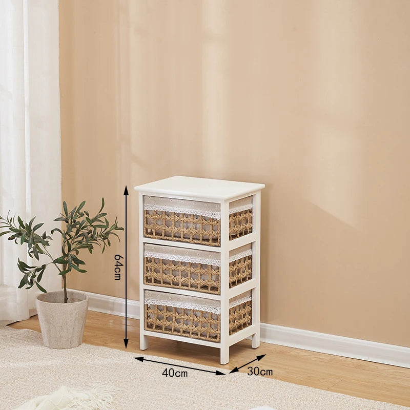 meuble tiroirs blanc rustique paniers osier tissu beige vintage chambre coucher minimaliste moderne