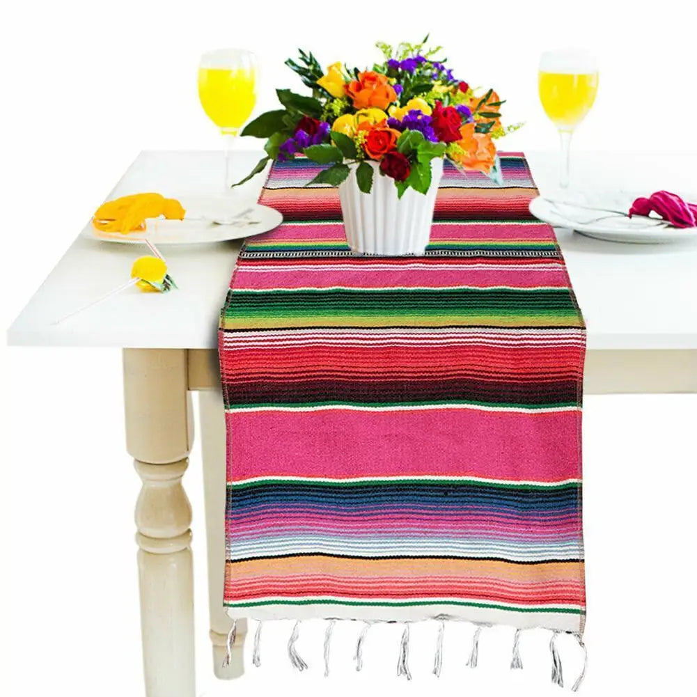 nappe rayée arc ciel mexicain festive coton réutilisable franges couleur vive table