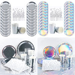 vaisselle jetable argentée moderne assiettes verres serviettes points noirs anniversaire mariage fêtes argentées