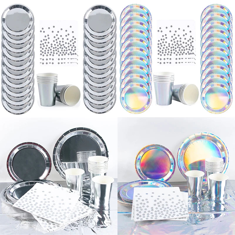 vaisselle jetable argentée moderne assiettes verres serviettes points noirs anniversaire mariage fêtes argentées