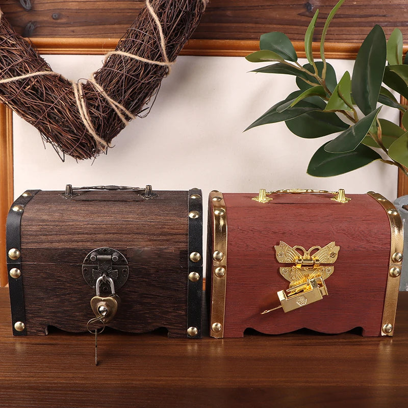 coffre bijoux marron foncé bois naturel finition brillante vintage rustique clé poignée métalliqueOpaque 10cm