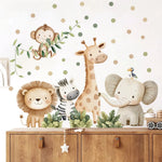 sticker mural animal dessin animé multicolore léopard girafe éléphant singe zèbre décoration enfant chambre