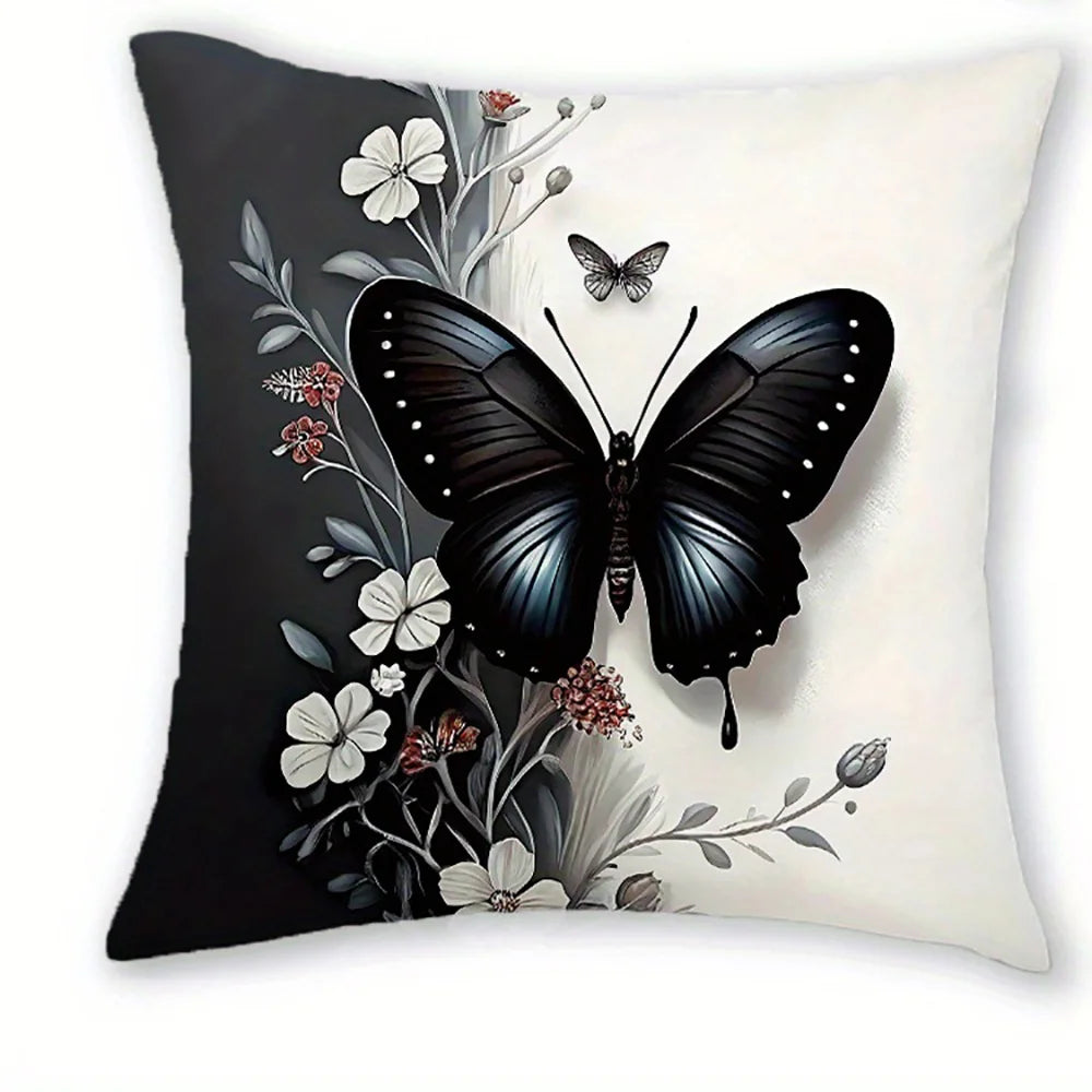 taies d'oreiller moderne papillon fleurs noires blanches grises 45x45cm polyester chambre décoration maison