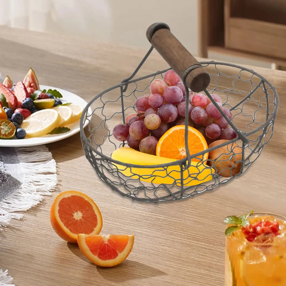 Corbeille à fruits en fer chocolat avec manche en bois