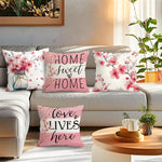 housse coussin polyester imprimé fleurs rose branches moderne blanc chambre lit set 4pcs