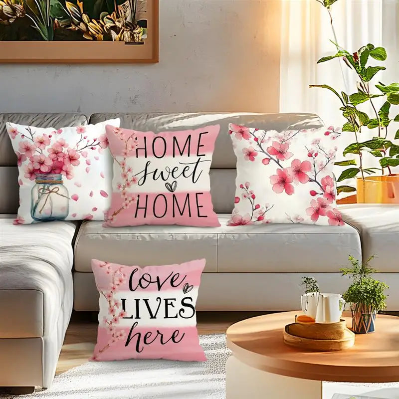 housse coussin polyester imprimé fleurs rose branches moderne blanc chambre lit set 4pcs