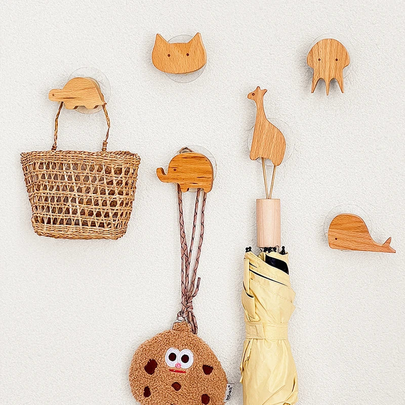 porte clés forme animaux bois naturel minimaliste suction lion girafe hippopotame tortue