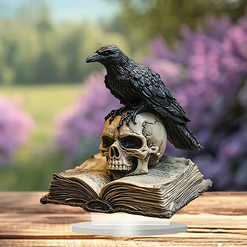 Sculpture corbeau crâne livre gothique décoration intérieure noire rouge vieux
