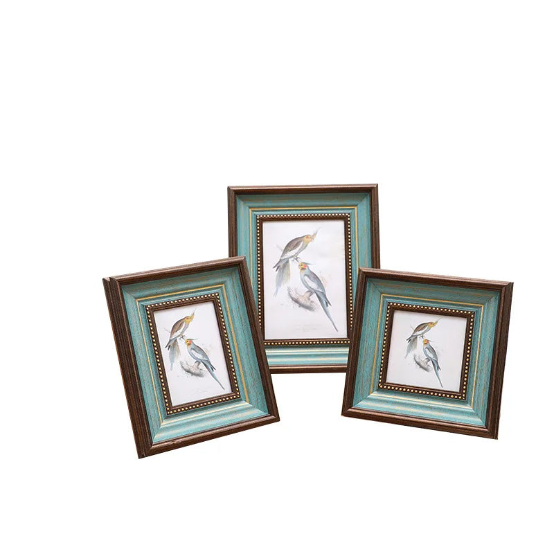 Cadre photo classique vintage brun foncé bleu clair insecte oiseau résine 10 pouces A4