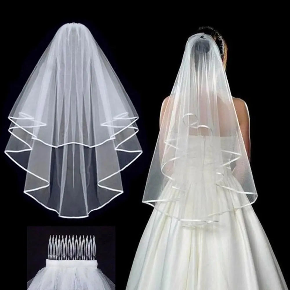 voile mariée blanc tulle fin noeuds satinés clips élégants classiques deux couches transparents
