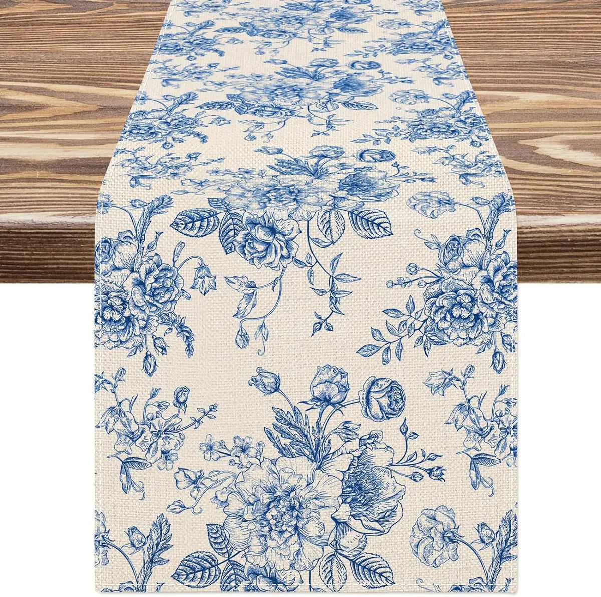 chemin table lin fleurs bleues toile jouy decoration maison beige opaque