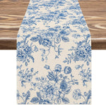 chemin table lin fleurs bleues toile jouy decoration maison beige opaque