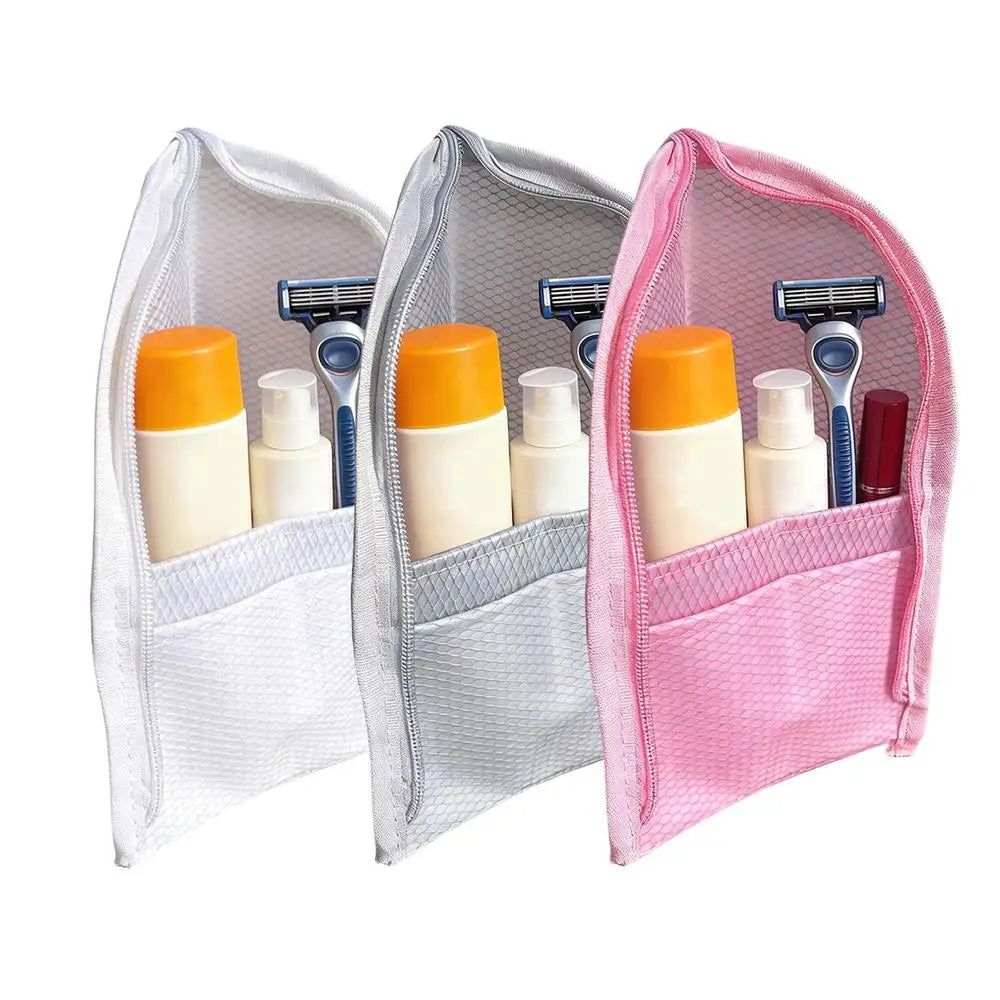 trousse maquillage portable étanche voyage sac cosmétique maille réutilisable blanc rose moderne