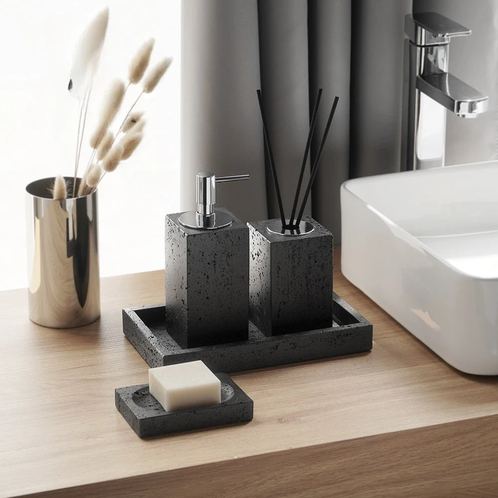 ensemble accessoires salle bain céramique noire moderne distributeur savon porte brosse dents