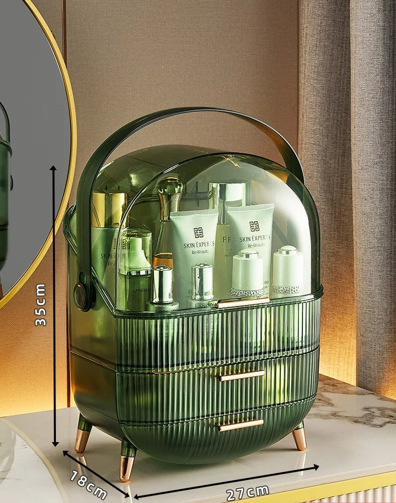 boîte rangement cosmétique moderne noir vert élégante deux étages poignées skincare makeup caddy